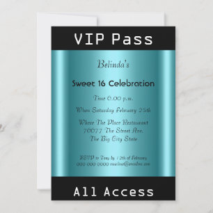 Invitación Pase VIP Fiesta de Cumpleaños Sweet 16 Negro Azul