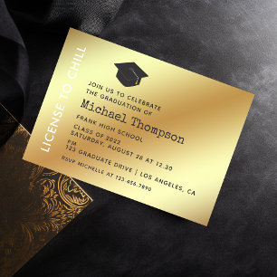 Invitación Pase VIP para fiesta de graduación de negro y dora