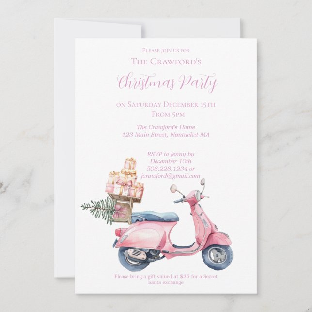 Invitación Paseo de compras de Navidad en Scooter Rosa  (Anverso)