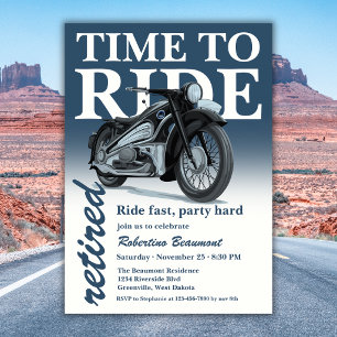 Invitación Paseo en moto clásica azul rápido Fiesta de jubila