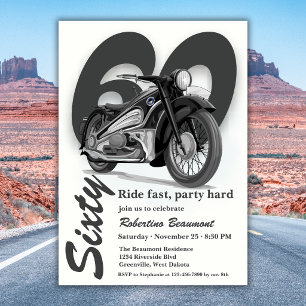 Invitación Paseo en Moto Clásica Gris Cumpleaños 60