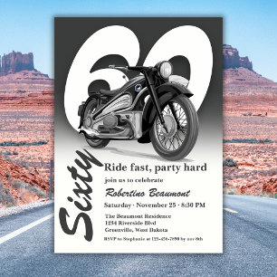 Invitación Paseo en Moto Clásica Gris Cumpleaños 60 Rápido