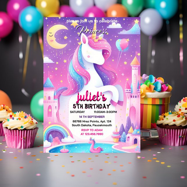 Invitación Paso chica lindo morado rosa unicornio 1º cumpleañ (Subido por el creador)