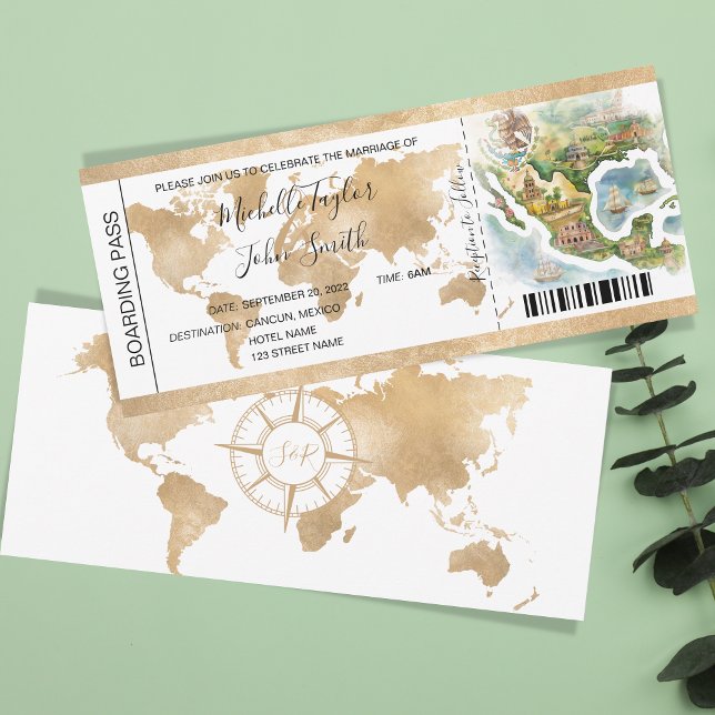 Invitación Paso de abordaje de boda de destino México (watercollor illustrated map of mexico, boarding pass)