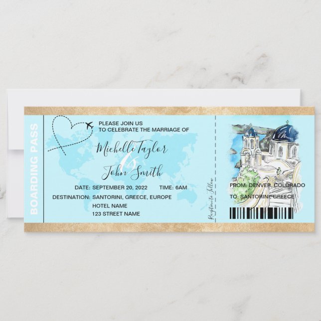 Invitación Paso de embarque de boda de destino Santorini Grec (Anverso)