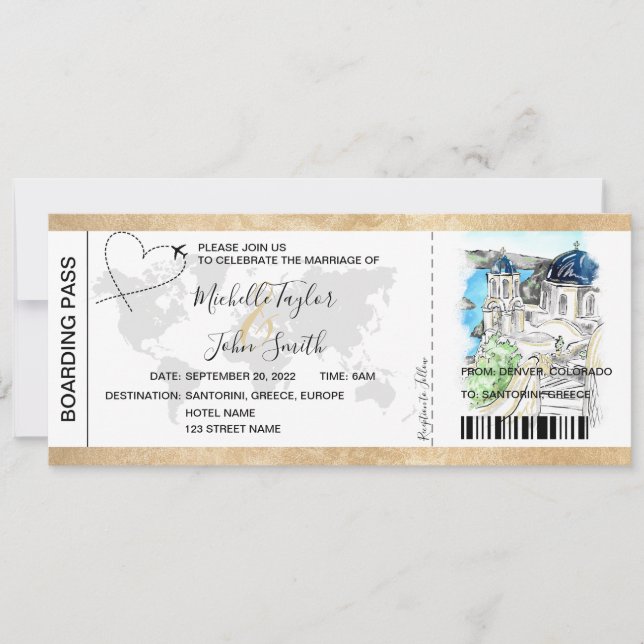 Invitación Paso de embarque de boda de destino Santorini Grec (Anverso)