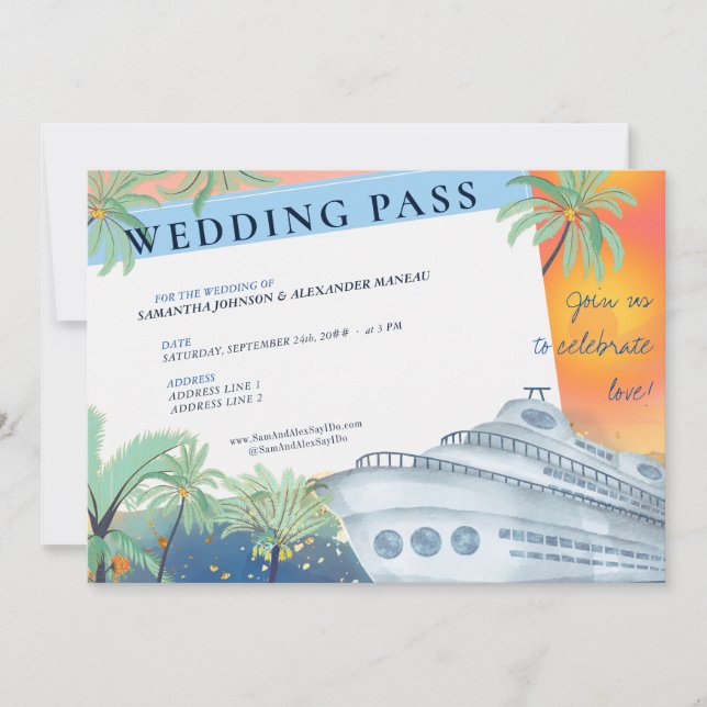 Invitación Paso del Boda de crucero de destino de atardecer t (Anverso)