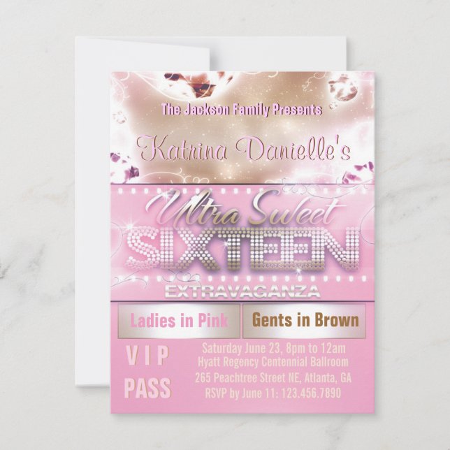 Invitación Paso del VIP del dulce dieciséis del resplandor (Anverso)