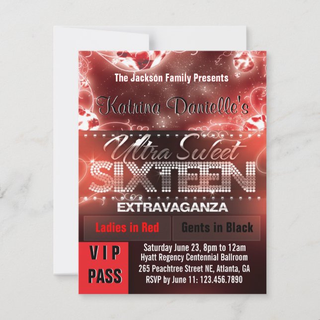 Invitación Paso del VIP del dulce dieciséis del resplandor (Anverso)