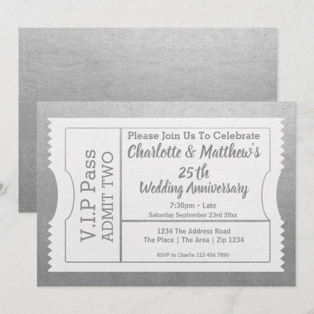 Invitación Paso VIP 25 Aniversario Ticket Faux Silver (Anverso / Reverso)
