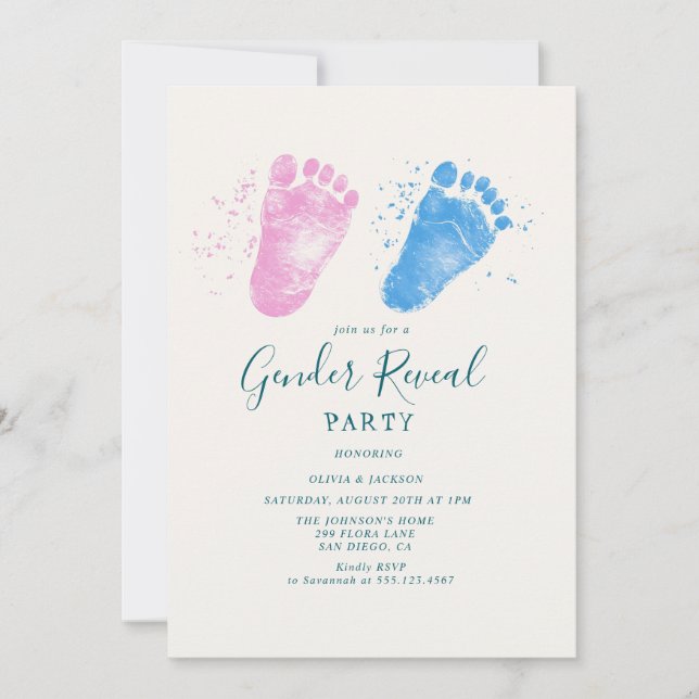 Invitación Pasos rosas y azules Género revelan Fiesta (Anverso)