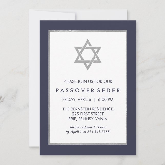 Invitación Passover azul y de plata Seder con la estrella de (Anverso)