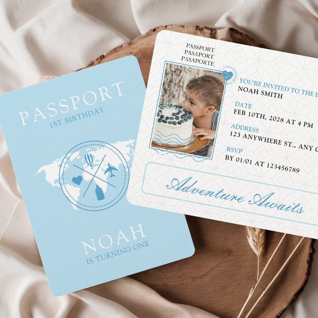 Invitación Passport Adventure comienza Blue Boy primer cumple (Passport 1st Birthday Adventure Awaits Blue Boy Photo Travel Airplane How time Flies Up Up & Away)