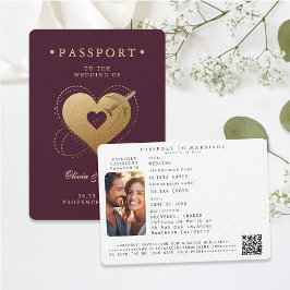 Invitación Passport Gold Hearts Plane Red Destination Wedding