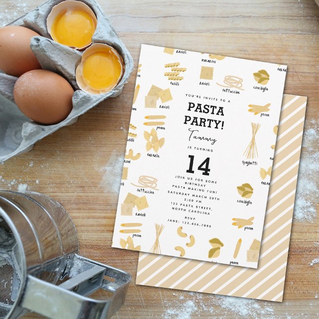 Invitación Pasta Italiana de Formas y Nombres de Pasta Cumple (Italian Pasta Shapes & Names Pasta Making Birthday Invitation)