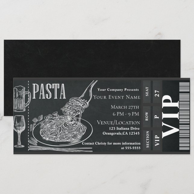Invitación Pasta WIne Dinner Chalk VIP Cena Fiesta Ticket (Anverso / Reverso)
