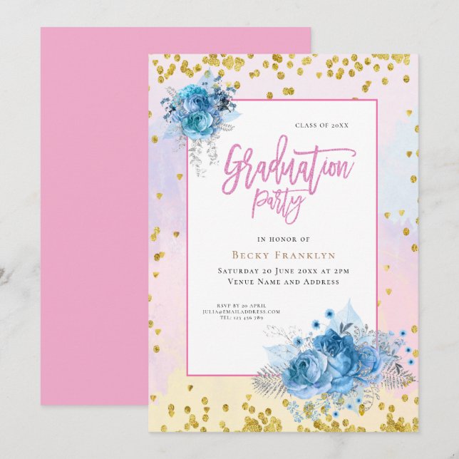 Invitación Pastas blandas/florales/confetti/graduación (Anverso / Reverso)