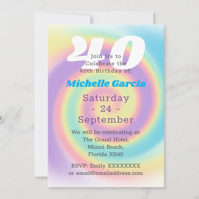 Invitación Pastel 40.º Fiesta de cumpleaños (Anverso)
