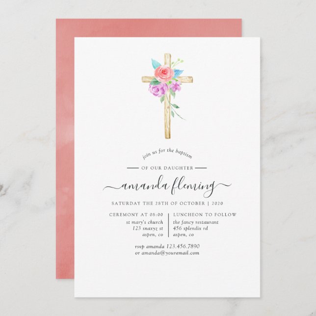 Invitación Pastel acuarela Floral Baptismo/Cristianismo (Anverso / Reverso)
