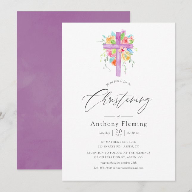Invitación Pastel acuarela Floral Bebé Christening (Anverso / Reverso)