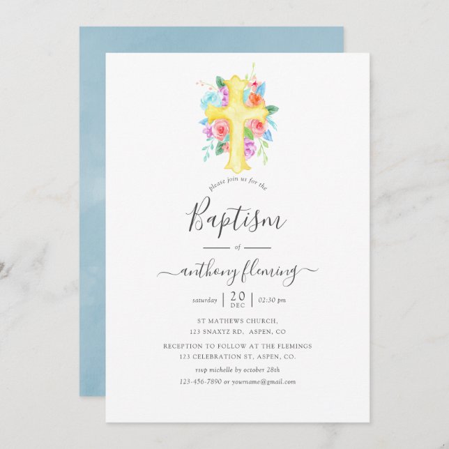 Invitación Pastel acuarela Floral Boy Baptism/Christening (Anverso / Reverso)