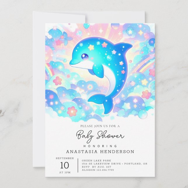 Invitación Pastel Adorable Dolphin Baby Shower (Anverso)