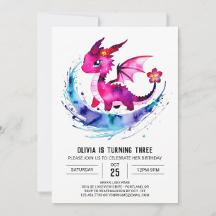 Invitación Pastel Adorable Dragon Digital Chica Cumpleaños