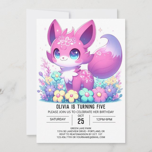 Invitación Pastel Adorable Fox Digital Birday (Anverso)