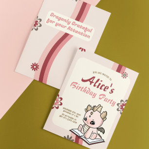 Invitación Pastel amarillo rosa retro Dragón bebé cumpleaños