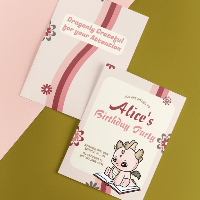 Invitación Pastel amarillo rosa retro Dragón bebé cumpleaños (Subido por el creador)