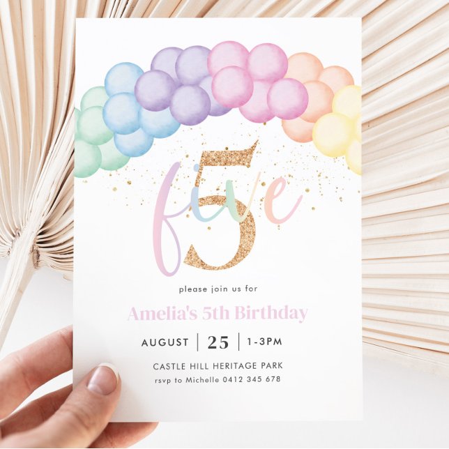 Invitación Pastel Arco Globo Arcoiris 5ª Fiesta de Cumpleaños (Subido por el creador)