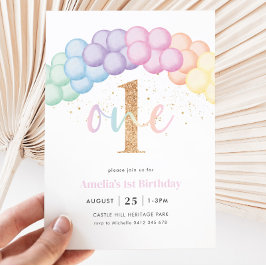 Invitación Pastel Arco Globo Arcoiris Primer Fiesta de cumple