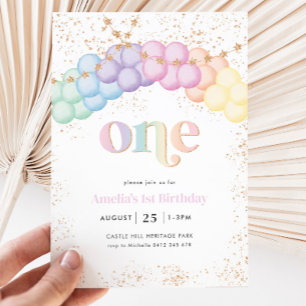 Invitación Pastel Arco Globo Arcoiris Primer Fiesta de cumple