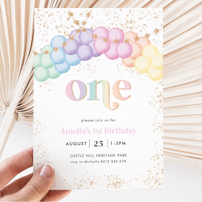 Invitación Pastel Arco Globo Arcoiris Primer Fiesta de cumple (Subido por el creador)