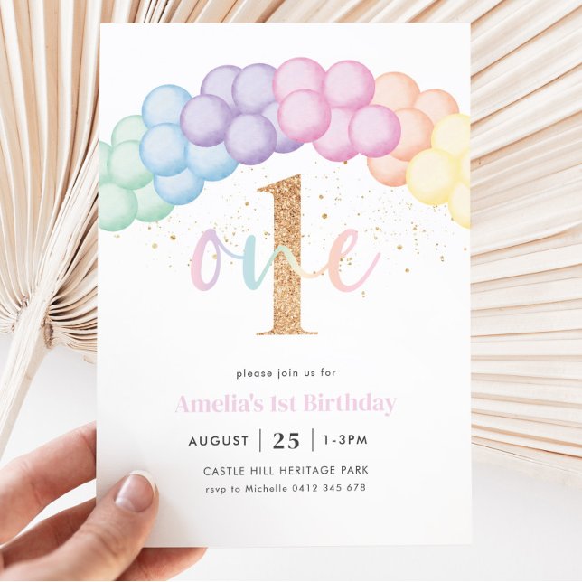 Invitación Pastel Arco Globo Arcoiris Primer Fiesta de cumple (Subido por el creador)