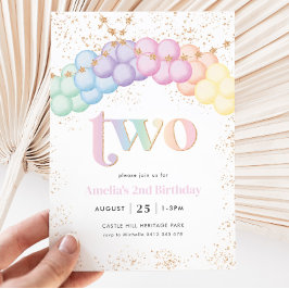 Invitación Pastel Arco Globo Arcoiris Segundo Fiesta de Cumpl