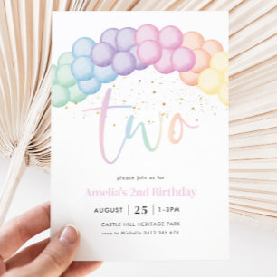 Invitación Pastel Arco Globo Arcoiris Segundo Fiesta de Cumpl