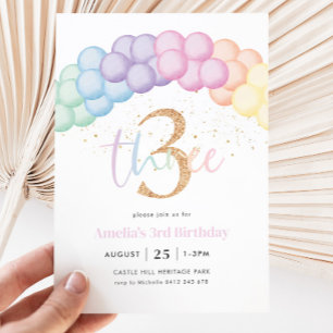 Invitación Pastel Arco Globo Arcoiris Tercer Fiesta de Cumple