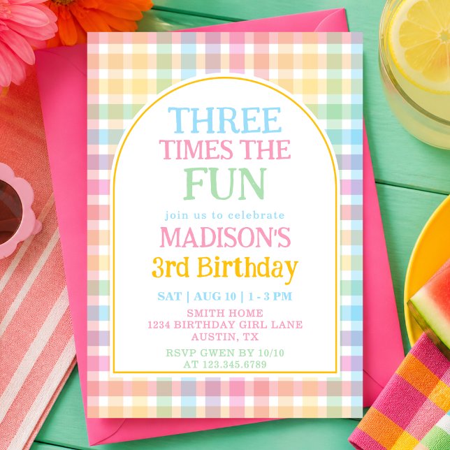 Invitación Pastel Arcoíris Tres Veces la Diversión Cumpleaños (Subido por el creador)