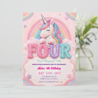 Invitación Pastel Arcoíris Unicornio Cumpleaños 4 Años Niñas