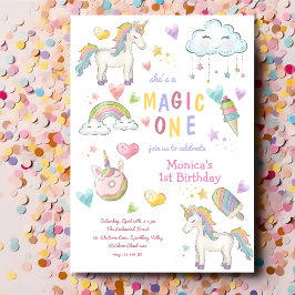 Invitación Pastel arcoiris unicornio mágico un cumpleaños