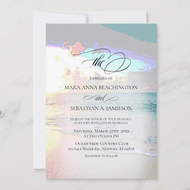 Invitación *~* Pastel Artsy Sunrise Beach Nautical Boda (Anverso)