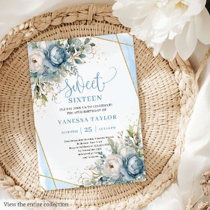 Invitación Pastel Azul Azul Floral Azul Dulce Dieciséis