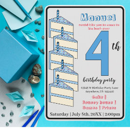 Invitación Pastel azul de cumpleaños 4 niños Fiestas de cumpl