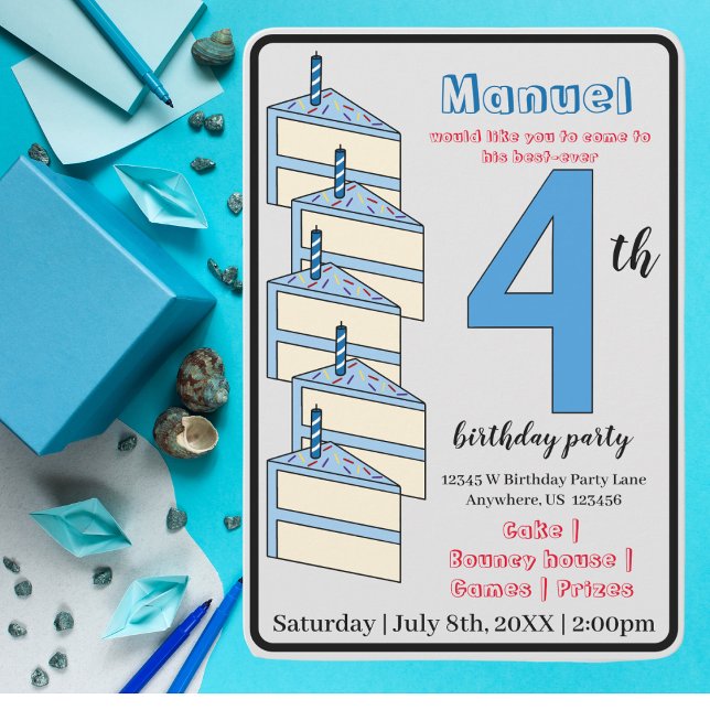 Invitación Pastel azul de cumpleaños 4 niños Fiestas de cumpl (Subido por el creador)