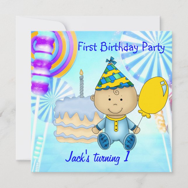 Invitación Pastel azul de niño de la primera fiesta de cumple (Anverso)