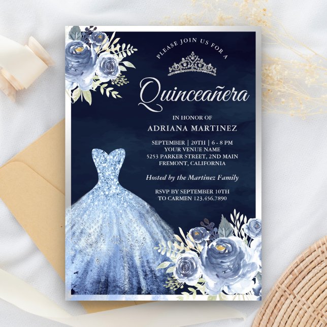 Invitación Pastel Azul Floral Guata Naval Plata Quinceanera (Subido por el creador)