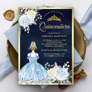 Invitación Pastel Azul Floral Vestido Naval Oro Quinceanera