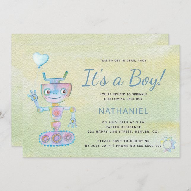 Invitación Pastel azul lindo robot es una ducha de bebé (Anverso / Reverso)