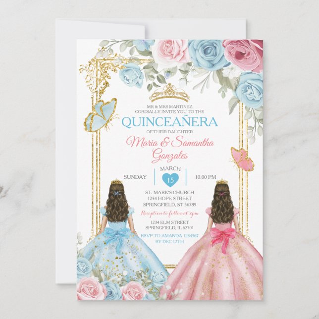 Invitación Pastel Azul Mariposa Rosa Floral Oro Quinceañera (Anverso)
